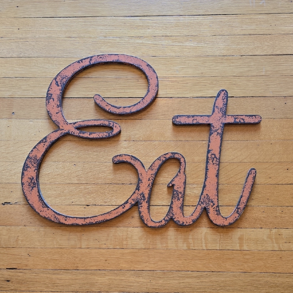 "Eat", Wood Distressed Finish Wall Decor, Orange, EUC, 15.5" L x 21.5" W x 0.50"